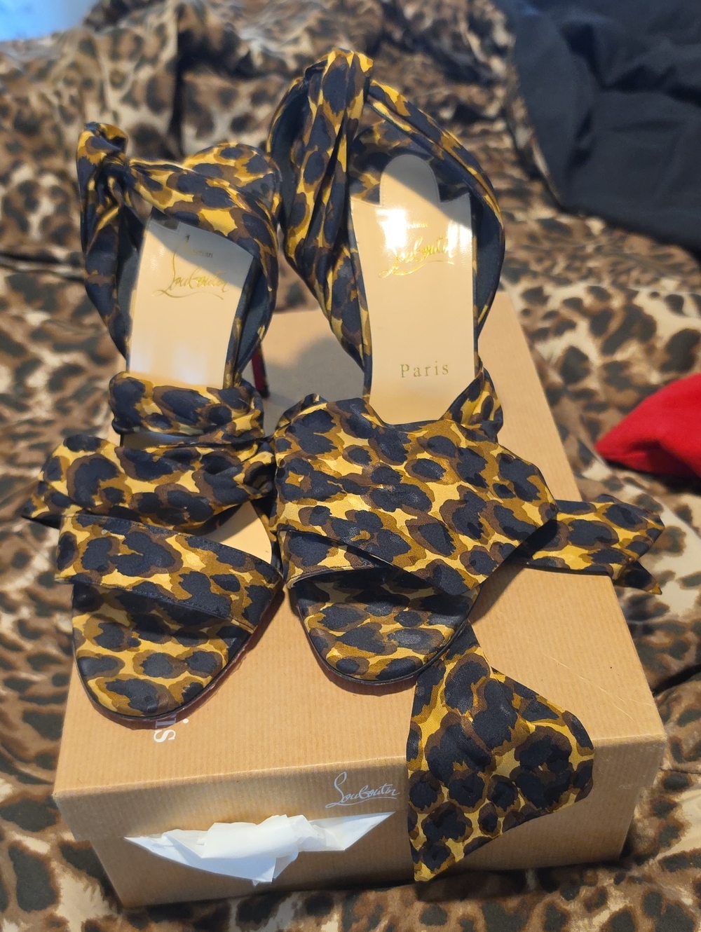 Christian Louboutin Yellow and Black Leopard-Print Satin Ankle-Tie Heels